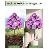 BLOSMON Hydrangea Topiary Trees Artificial - Outdoor 2 Packs 33" Pink Fake Flower Ball Tree for Front Porch Planters Urns Decor - 20 Heads Faux Hydrangea Bush Plants with Spike for Garden Yard Patio
