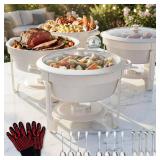 $170 6QT Round Chafing Dishes for Buffet: 4 Pack White Chafers and Buffet Warmers Sets, Maifanite-Coated Food Warmer with 4 Tongs 4 Spoons 4 Slotted Spoons 2 Gloves, for Parties, Wedding, Events, Cate