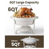 $170 6QT Round Chafing Dishes for Buffet: 4 Pack White Chafers and Buffet Warmers Sets, Maifanite-Coated Food Warmer with 4 Tongs 4 Spoons 4 Slotted Spoons 2 Gloves, for Parties, Wedding, Events, Cate