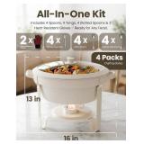 $170 6QT Round Chafing Dishes for Buffet: 4 Pack White Chafers and Buffet Warmers Sets, Maifanite-Coated Food Warmer with 4 Tongs 4 Spoons 4 Slotted Spoons 2 Gloves, for Parties, Wedding, Events, Cate