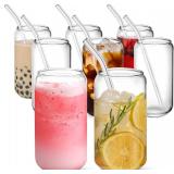 NETANY 8pcs Set Drinking Glasses with Glass Straw - 16oz Glass Cups, Beer Glasses, Iced Coffee Glasses, Cute Tumbler Cup, Ideal for Whiskey, Soda, Tea, Water, Gift - 2 Cleaning Brushes