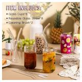 NETANY 8pcs Set Drinking Glasses with Glass Straw - 16oz Glass Cups, Beer Glasses, Iced Coffee Glasses, Cute Tumbler Cup, Ideal for Whiskey, Soda, Tea, Water, Gift - 2 Cleaning Brushes