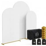 Metal Arch Backdrop Stand and Cover Set   3 Gold Frames (7.2ft, 6ft x2) with White Wrinkle-Free Spandex Covers, Water Weights, Bags & Case   Wedding, Birthday, Baby Shower, Party Decor