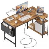 Mericonia Small L Shaped Computer Desk with Power Outlets, Reversible Gaming Desk with Storage Shelves, Corner Gamer Desk Table, Study Writing Table