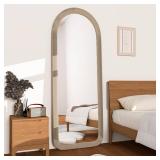 Full Length Mirror 56"x20" Arch Floor Mirror with Stand Arched Full Body Mirror Standing Hanging or Leaning Against Wall for Bedroom Flannel Wrapped Wooden Frame Milk Tea