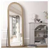 Full Length Mirror 56"x20" Arch Floor Mirror with Stand Arched Full Body Mirror Standing Hanging or Leaning Against Wall for Bedroom Flannel Wrapped Wooden Frame Milk Tea