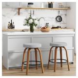 Swivel Bar Stools Set of 2, 24 Inch Counter Height Backless Bar Stools with Fabric Upholstered Seat, Curved Wood Legs and Footrest for Kitchen Island, Dining Room, Gray