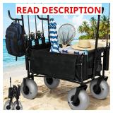 $180 Fishing Cart Beach Wagon for Sand, 9" All-Terrain Wheels, Heavy Duty Foldable Beach Cart,Collapsible Wagon with Rod Holders & Side Pockets, Large Capacity Cargo for Fishing, Camping, Outdoor
