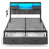 $155 Rolanstar Bed Frame Full Size with Drawers and Charging Station, Upholstered Platform Bed with Storage Headboard and LED Light, Heavy Duty Metal Frame Support, No Box Spring Needed, Noise Free, G