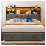 $155 Rolanstar Bed Frame Full Size with Drawers and Charging Station, Upholstered Platform Bed with Storage Headboard and LED Light, Heavy Duty Metal Frame Support, No Box Spring Needed, Noise Free, G
