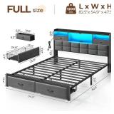 $155 Rolanstar Bed Frame Full Size with Drawers and Charging Station, Upholstered Platform Bed with Storage Headboard and LED Light, Heavy Duty Metal Frame Support, No Box Spring Needed, Noise Free, G