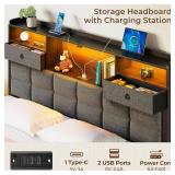 $155 Rolanstar Bed Frame Full Size with Drawers and Charging Station, Upholstered Platform Bed with Storage Headboard and LED Light, Heavy Duty Metal Frame Support, No Box Spring Needed, Noise Free, G