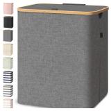 BALEINE Laundry Hamper with Lid, Tall Laundry Baskets with Bamboo Pull Handles, Large Laundry Bin with Internal Support (36 Gal/140L, Grey)