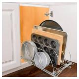 Lynk Professional Slide Out Cutting Board, Bakeware, and Tray Organizer - Pull Out Kitchen Cabinet Rack - 10" wide x 21" deep - Chrome