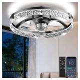 JHSYCH 19" Low Profile Ceiling Fan with Light and Remote, Dimmable LED Flush Mount Ceiling Fan, 6 Speeds, White Modern Design for Bedroom/Living Room  Black-Crystal