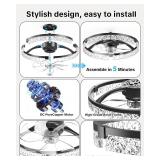 JHSYCH 19" Low Profile Ceiling Fan with Light and Remote, Dimmable LED Flush Mount Ceiling Fan, 6 Speeds, White Modern Design for Bedroom/Living Room  Black-Crystal