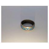 Vintage sterling silver ring,inlaid turquoise chip triangles, southwestern diamond pattern, size 6.5