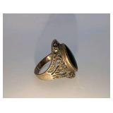Vintage sterling silver ring|oval black onyx stone,marcasite accents, size 7