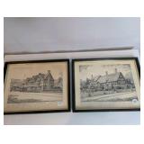 Vintage black and white prints, historical English landmarks, framed