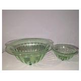 Vintage green depression glass mixing bowls, glow under uv