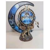 Dreams of the Spirit" wolf art glow-in-the-dark crescent moon sculpture