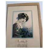 Vintage 1916 "Spring Flowers" calendar lithograph featuring a portrait of a woman