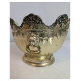 Vintage Silver-plated Monteith-style serving bowl, ornate lion head handles and grape leaf detailing