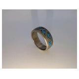 Vintage sterling silver ring,inlaid turquoise chip triangles, southwestern diamond pattern, size 6.5