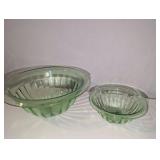 Vintage green depression glass mixing bowls, glow under uv