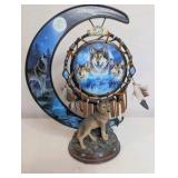 Dreams of the Spirit" wolf art glow-in-the-dark crescent moon sculpture
