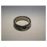Vintage sterling silver ring,inlaid turquoise chip triangles, southwestern diamond pattern, size 6.5