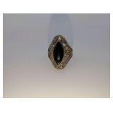 Vintage sterling silver ring|oval black onyx stone,marcasite accents, size 7