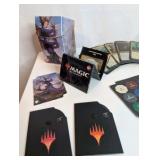 Unsorted Magic: The Gathering cards, including various decks, stacks of sorted cards, and tokens or counters
