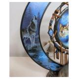 Dreams of the Spirit" wolf art glow-in-the-dark crescent moon sculpture