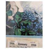 Vintage 1916 "Spring Flowers" calendar lithograph featuring a portrait of a woman