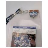 2000 World Series collectible set featuring a New York Yankees vs. New York Mets ticket stub, a branded lanyard, and an "I Was There" pin