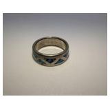 Vintage sterling silver ring,inlaid turquoise chip triangles, southwestern diamond pattern, size 6.5