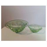 Vintage green depression glass mixing bowls, glow under uv