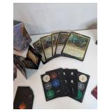 Unsorted Magic: The Gathering cards, including various decks, stacks of sorted cards, and tokens or counters