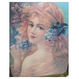 Vintage Victorian Lady Floral Print with Antique Green Frame