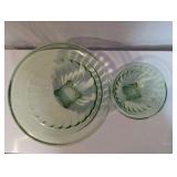 Vintage green depression glass mixing bowls, glow under uv