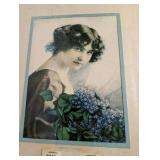 Vintage 1916 "Spring Flowers" calendar lithograph featuring a portrait of a woman