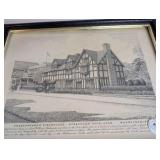 Vintage black and white prints, historical English landmarks, framed