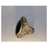 Vintage sterling silver ring|oval black onyx stone,marcasite accents, size 7