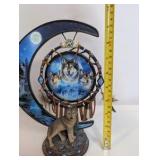 Dreams of the Spirit" wolf art glow-in-the-dark crescent moon sculpture