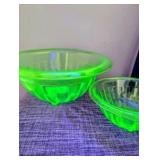 Vintage green depression glass mixing bowls, glow under uv