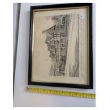 Vintage black and white prints, historical English landmarks, framed