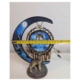 Dreams of the Spirit" wolf art glow-in-the-dark crescent moon sculpture