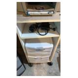 Two storage copies, one with wheel disassembled and fax/printer machine and stand on wheels