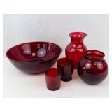 Red Glass Decorative Vases and Bowl (5 Piece Lot)